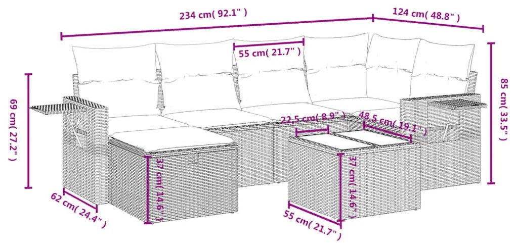 7 pcs conjunto de sofás jardim c/ almofadões vime PE castanho