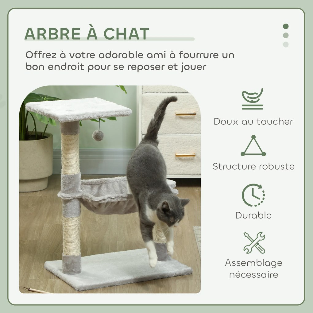 Arranhador para gatos com 3 arranhadores de sisal natural, plataforma, rede e bola suspensa, 50 x 26 x 70 cm, cinzento