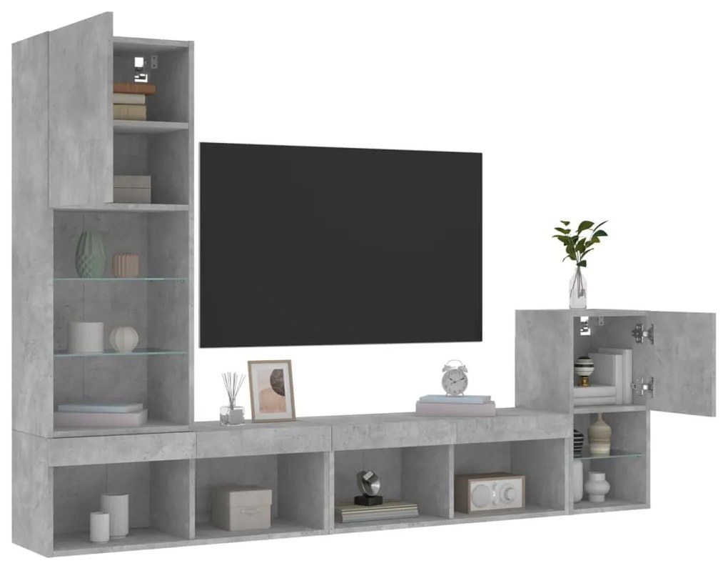 vidaXL 4 pcs móveis parede p/ TV c/ LEDs deriv. madeira cinza cimento