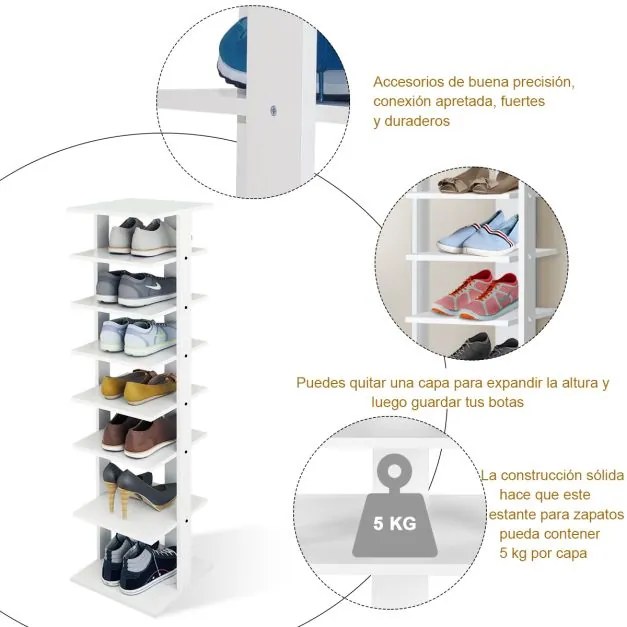 Estante sapateira com 7 compartimentos Organizador de sapatos Livros CD  27,5 x 26,5 x 110 cm Branco