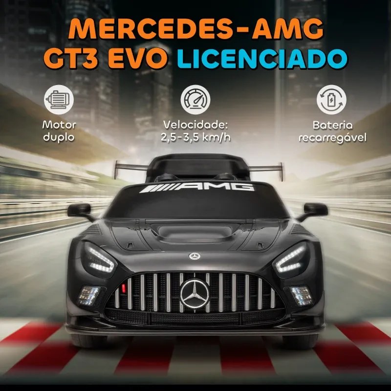 Carro Elétrico para Crianças Mercedes-AMG GT3 Evo12V com Controlo Remoto 2,4G e Motor Duplo 115x66x44 cm Preto