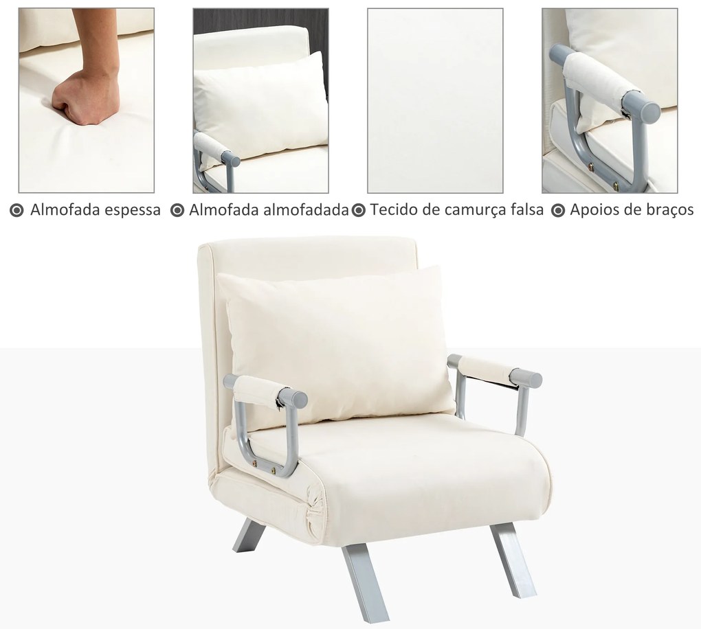 Sofá Cama Individual Sofá Cama Individual Sofá Reclinável com Almofada para Sala Quarto Carga 100 kg 65x69x80 cm Creme