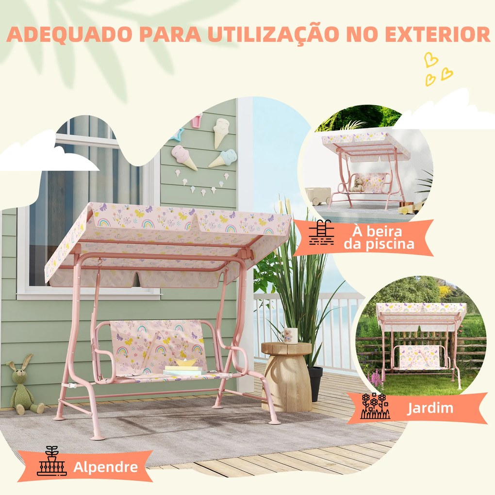 Baloiço de Jardim para Crianças com 2 Lugares Toldo Ajustável Cinto de Segurança e Desenho de Borboletas 112x75x120 cm Rosa