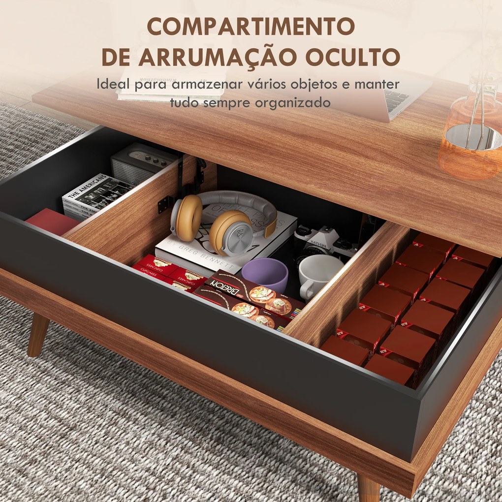 Mesa de Centro Elevatória com 3 Compartimentos de Armazenamento Ocultos e Pés de Madeira 100x79x54 cm Castanha e Preto