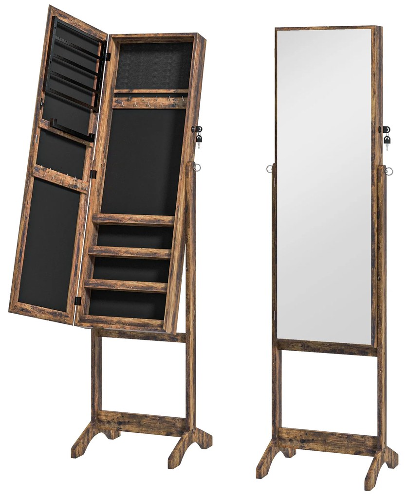 HOMCOM Espelho Joalheiro de Pé com Ângulos Ajustáveis Fechadura Magnética Organizador de Joias com Prateleiras 46x36,5x151,5cm Marrom Rústico