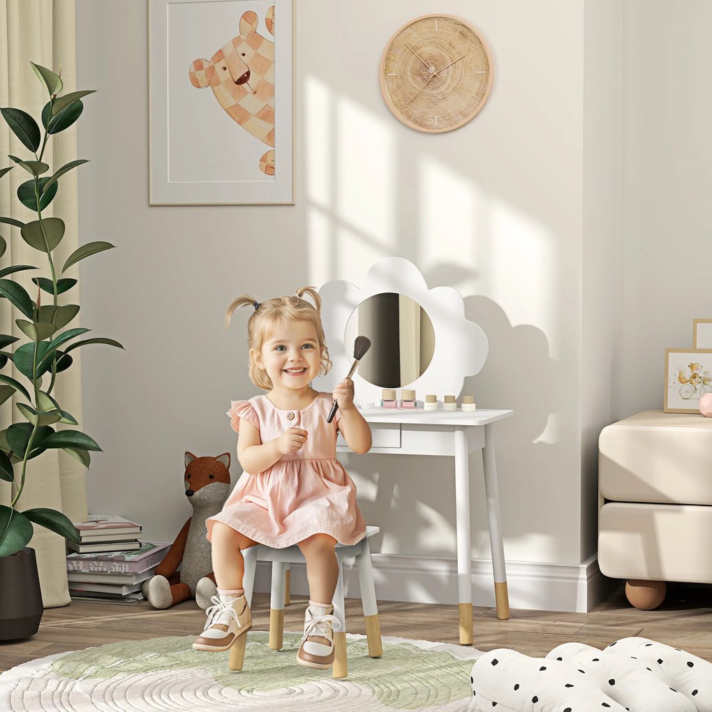 Conjunto de Toucador e Banco para Criança, 70 x 34 x 95 cm, Espelho em Forma de Nuvem, Branco