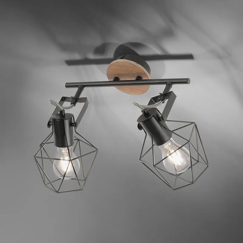 Foco industrial preto com madeira 2 luzes - Sven Moderno