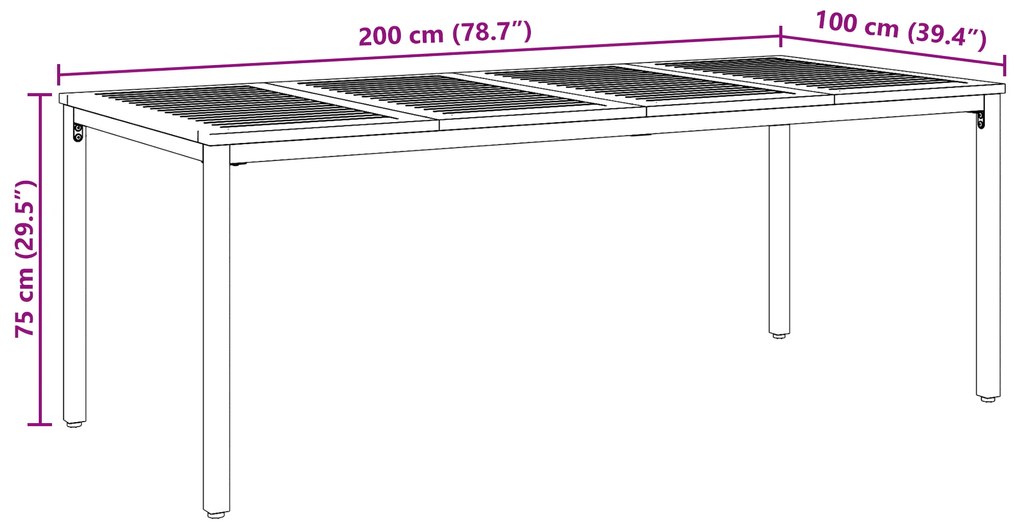 Mesa de Jardim vidaXL 200x90x75 cm em Madeira Acácia Sólida e Metal