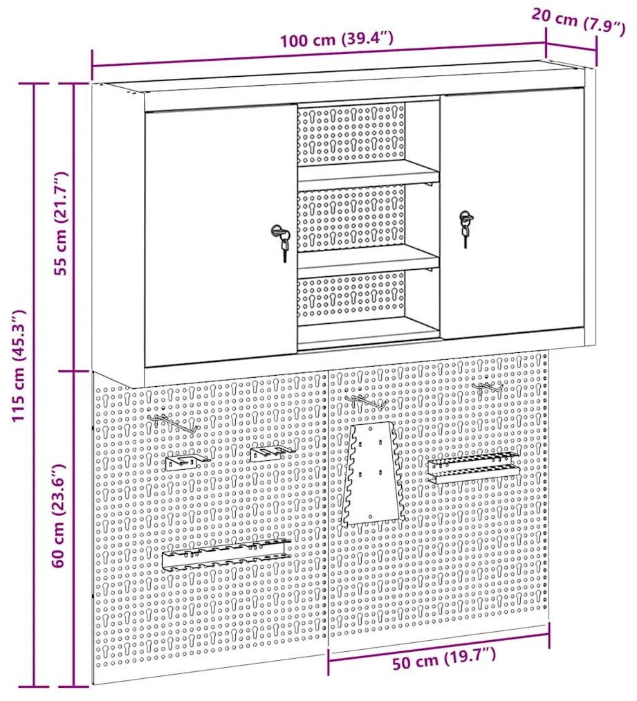 Conjunto de Armário de Ferramentas e Painel de Ferramentas VidaXL 3 Pe