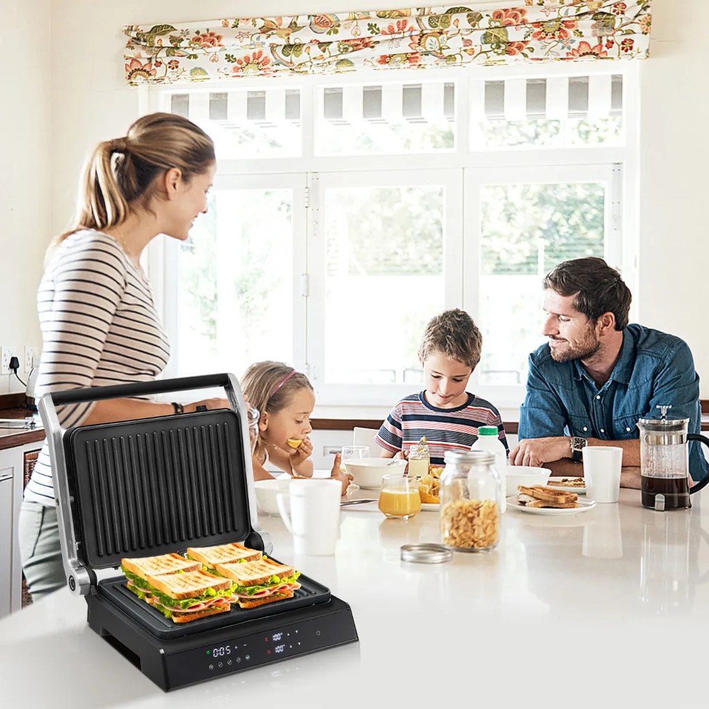 Grelhador Panini Elétrico 1800-2000W 3 em 1 Sanduicheira Abertura 180º Folhas Antiaderentes Controle de Temperatura Temporizador 35 x 30 x 14 cm Preto