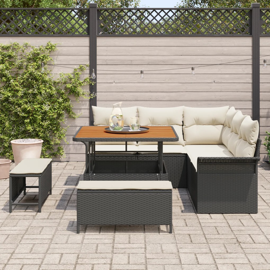 Conjunto de Sofá de Jardim de 8 Peças com Almofadas Preto Rattan Polié