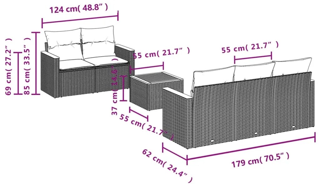 6 pcs conjunto de sofás p/ jardim com almofadões vime PE bege