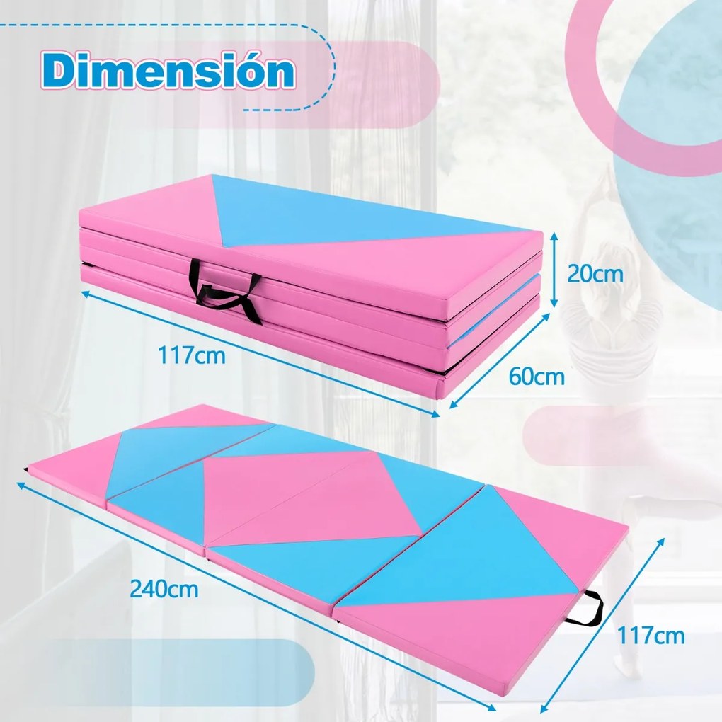 Colchão de ginástica dobrável Tapete de tumbling em couro PU com fechos para ioga 240 x 117 x 5 cm Azul e Rosa