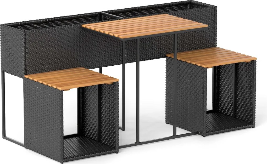 Conjunto de moveis jardim 150 x 70 x 73 cm com floreira de jardim elevada, mesa de rattan PE, cadeiras integradas e arrumação para pátio ou alpendre,