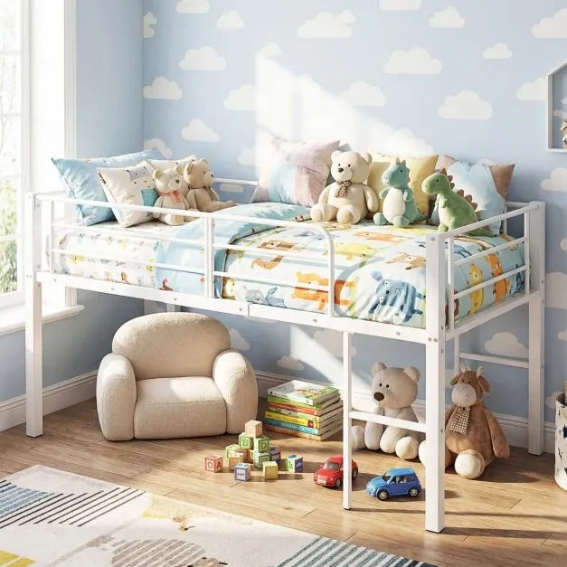 Cama Criança 198,5 x 96 x 88 cm tipo alta (COLCHÃO NÃO INCLUIDO) com baixa estrutura metálica com grades de segurança e 2 escadas com degraus metálico