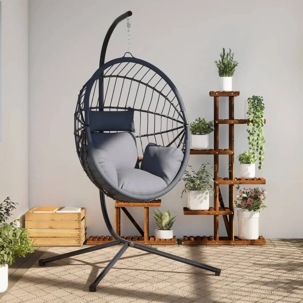 vidaXL Cadeira forma de ovo suspensa c/ suporte vime/aço cinza-claro