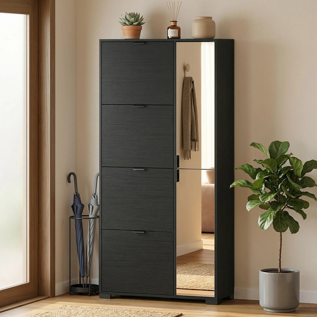 Sapateira, Armário para Sapatos, 82 x 30 x 168 cm, 2 Portas Espelhadas, Preto