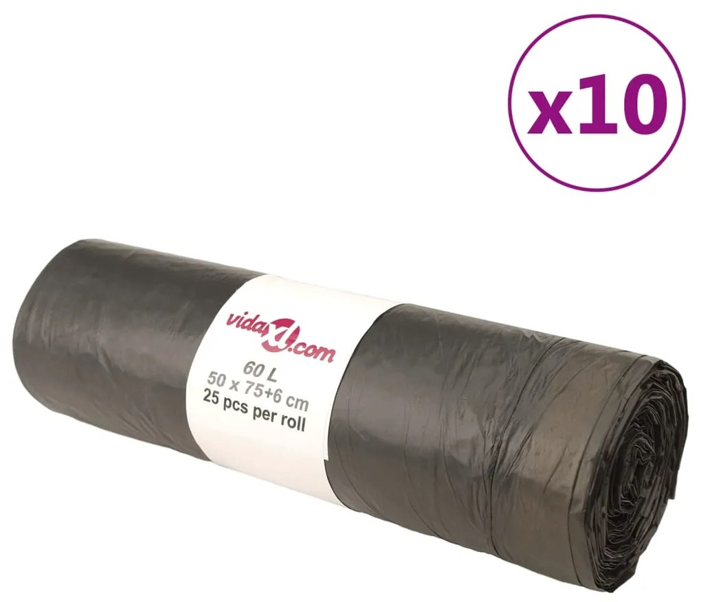 vidaXL Sacos do lixo com atilhos 250 pcs 60 L preto