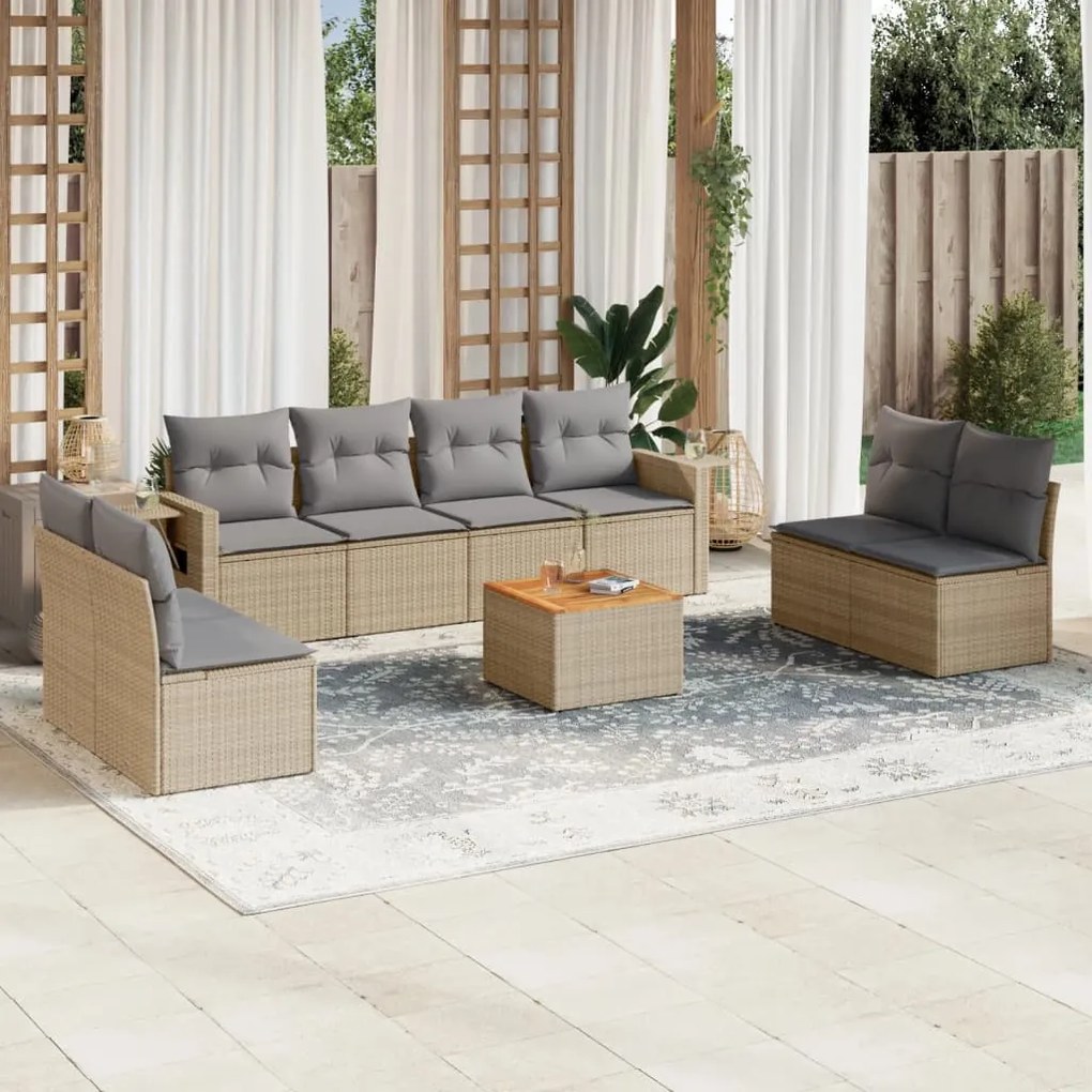 9 pcs conj. sofás jardim c/ almofadões vime PE bege misturado