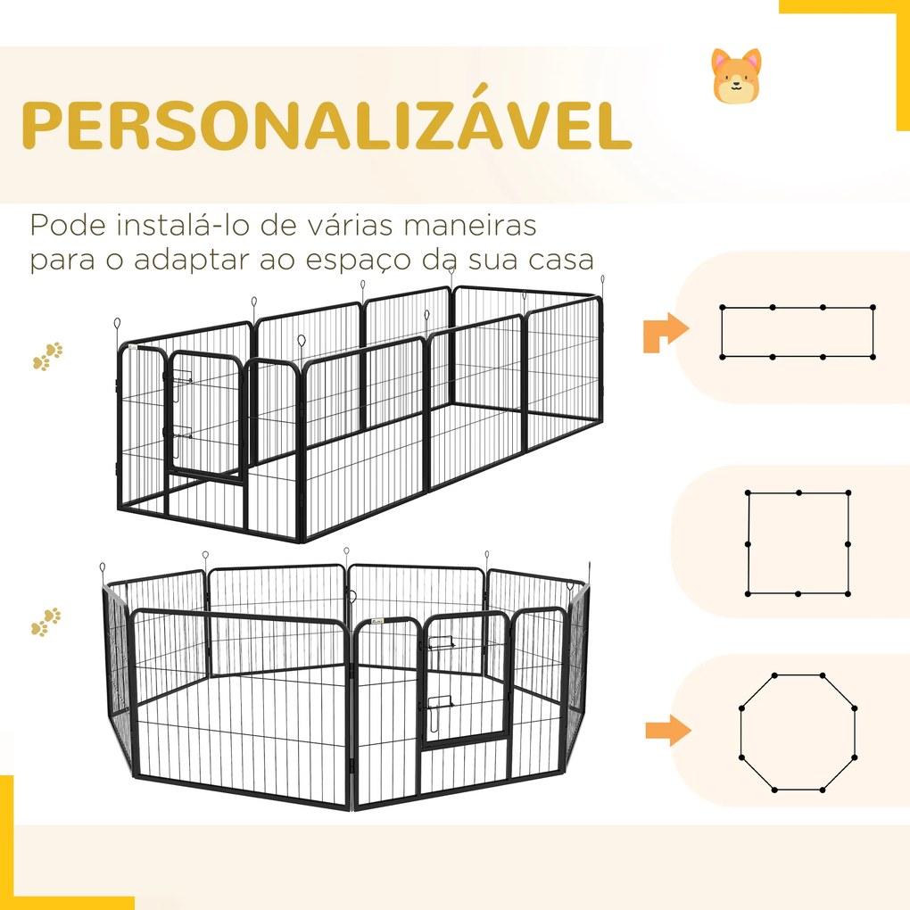 Parque para Animais de Estimação 8 Paineis 80x60cm Gaiola para Cães de Metal com Porta e Dupla Fechadura Preto