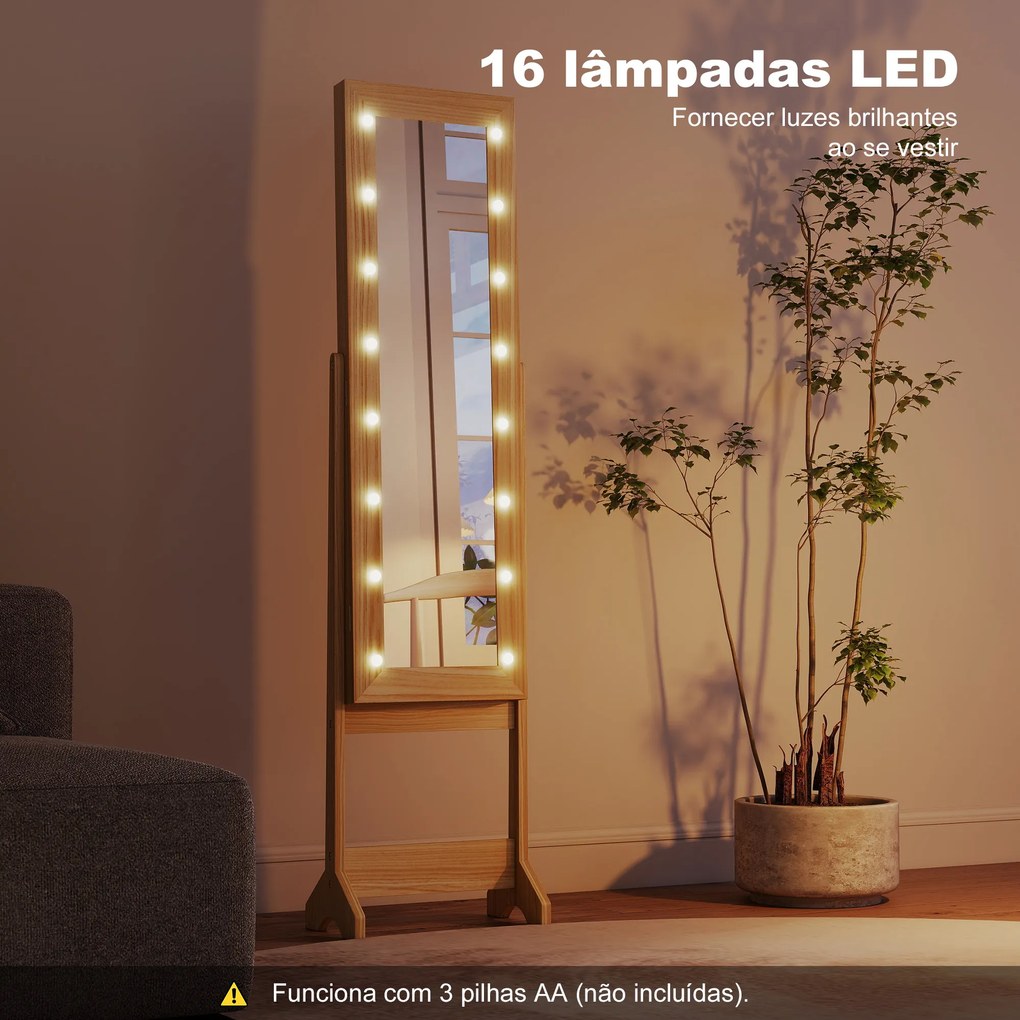 Espelho Joalheiro com Luzes LED Armário para Joias com Ângulo Ajustável Prateleiras Ranuras para Anéis 36x30x136 cm Madeira