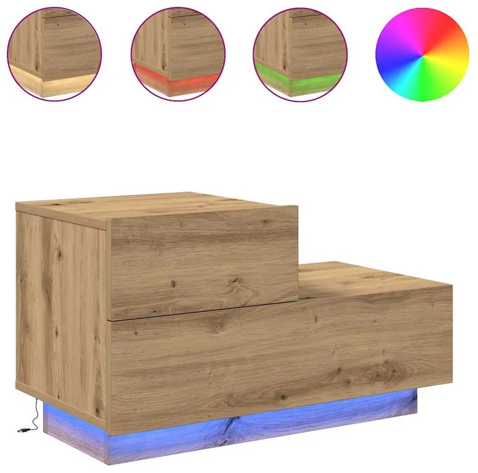 Mesa de Cabeceira vidaXL com Luzes LED Carvalho Artesanal 100x36x49 cm