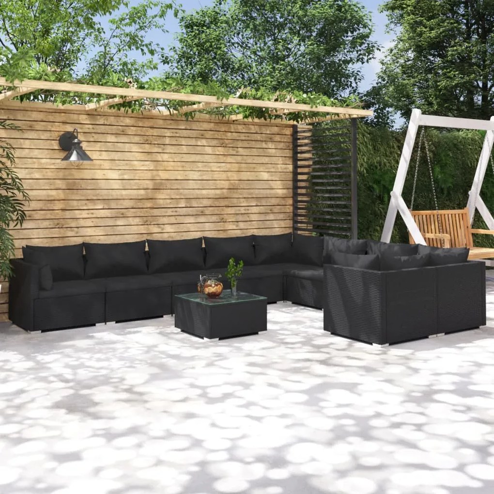 vidaXL 10 pcs conjunto lounge de jardim c/ almofadões vime PE preto