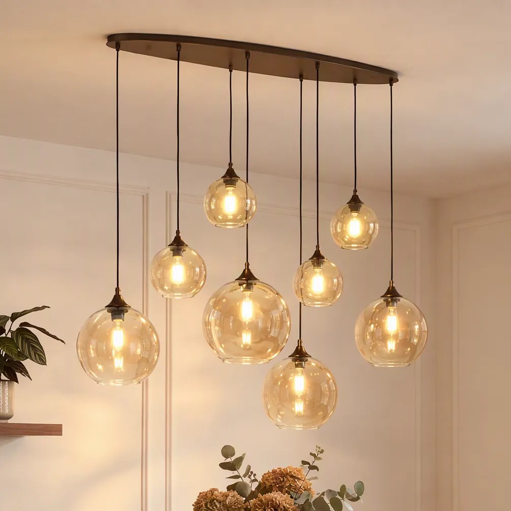 Candeeiro de suspensão Art Deco bronze escuro com vidro âmbar oval 8 luzes - Sandra