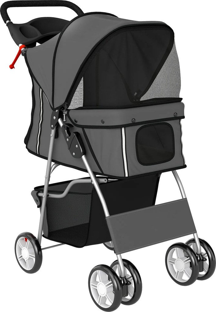 Carrinho Dobrável para Cães Pequenos com Cesta de Armazenamento, Suportes para Copos e Almofada Lavável 77x44x102 cm Cinzento Escuro