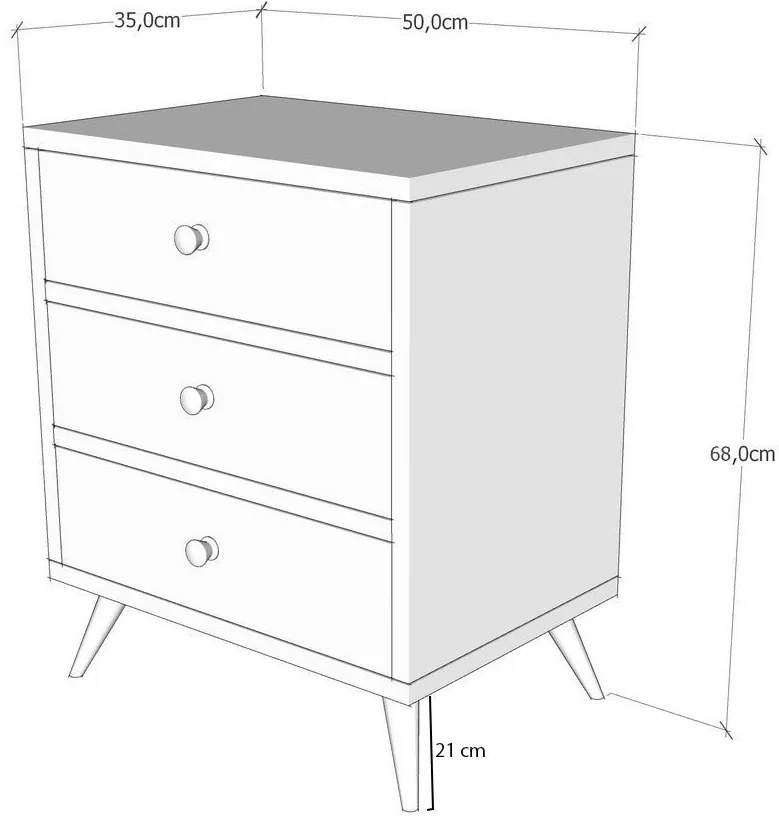 Cómoda Liza com 3 Gavetas e Pernas de Madeira – 50x35x68 cm – Branco e