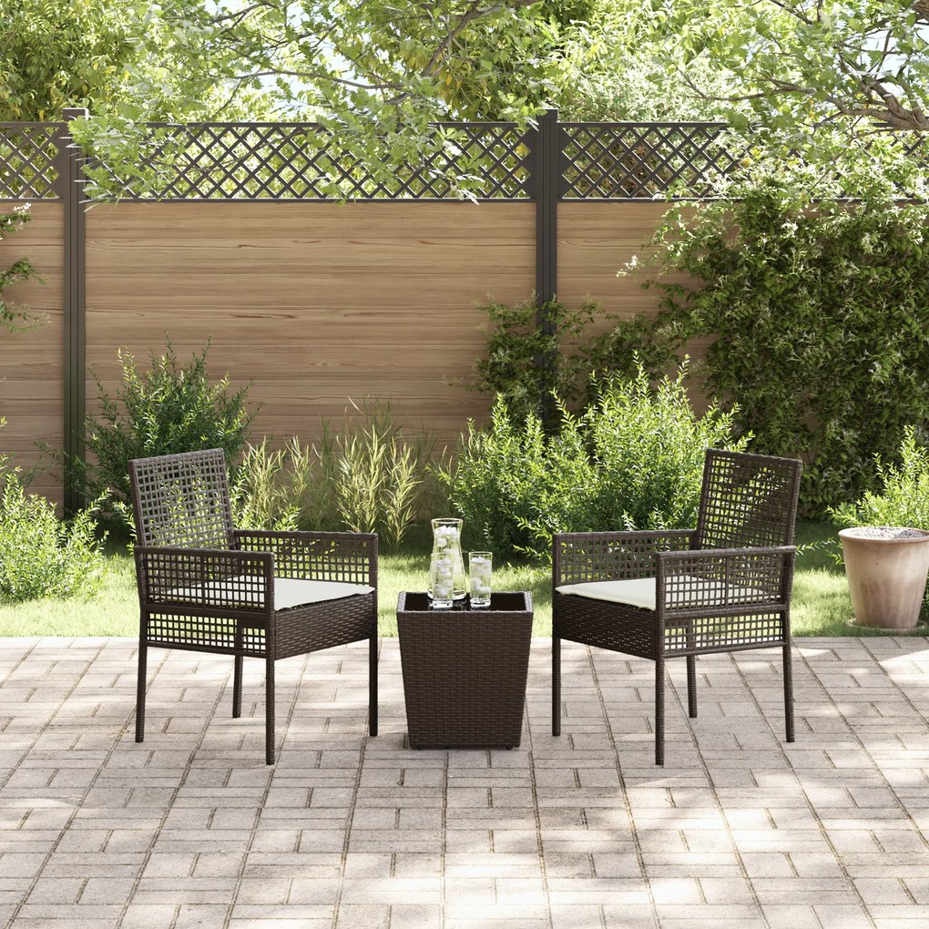 Conjunto de Bistro de Jardim de 3 Peças com Almofadas Castanho em Ratt