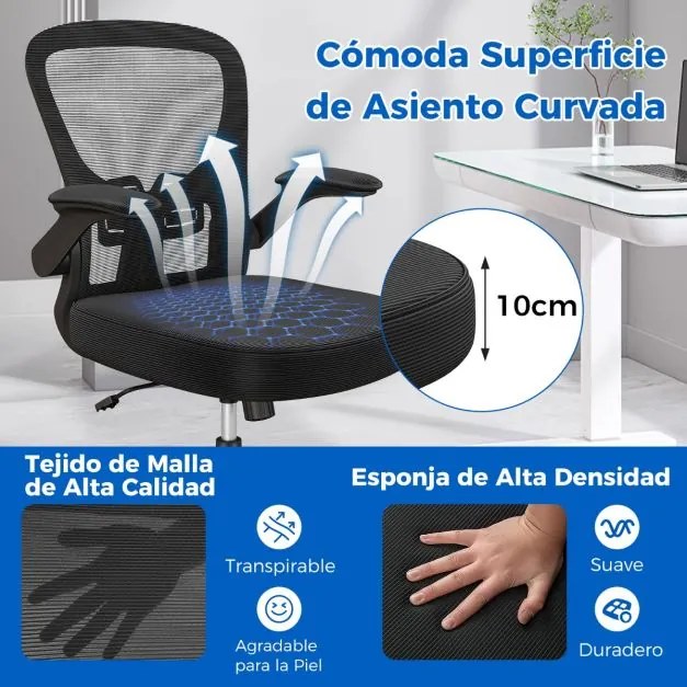 Cadeira de escritório ergonómica de malha com apoios de braços rebatíveis, apoio lombar ajustável e encosto oscilante 90°-120° Preto