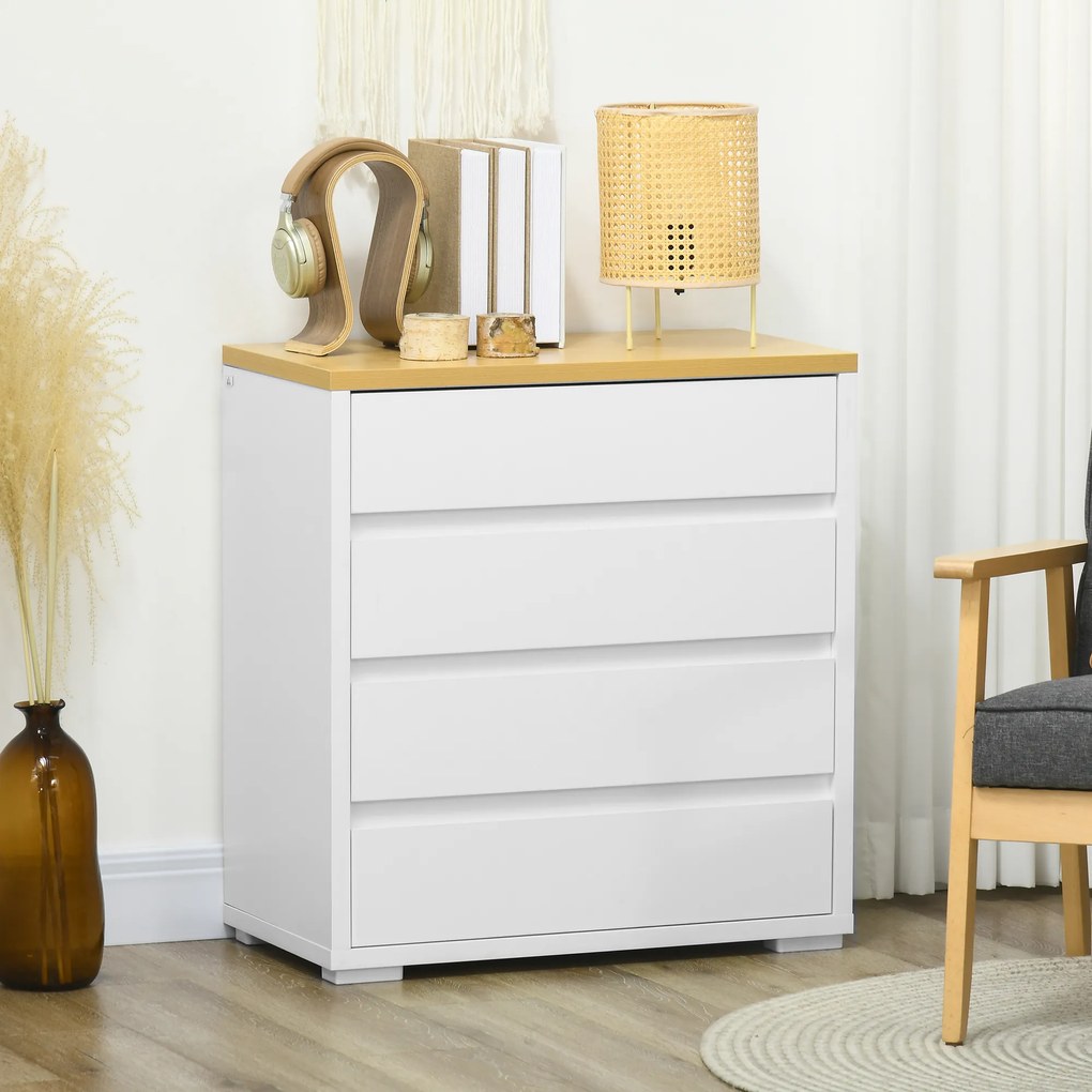 HOMCOM Cómoda Moderna com 4 Gavetas Cómoda de Madeira para Dormitório Sala de Estar Carga Máxima 40 kg 70x37x75 cm Branco e Madeira
