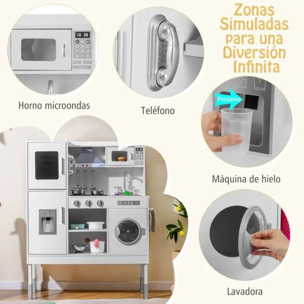 Cozinha de brincar madeira 83 x 29 x 103 cm para crianças a partir dos 3 anos com exaustor, máquina de gelo, telefone, 16 acessórios, sons e luzes rea