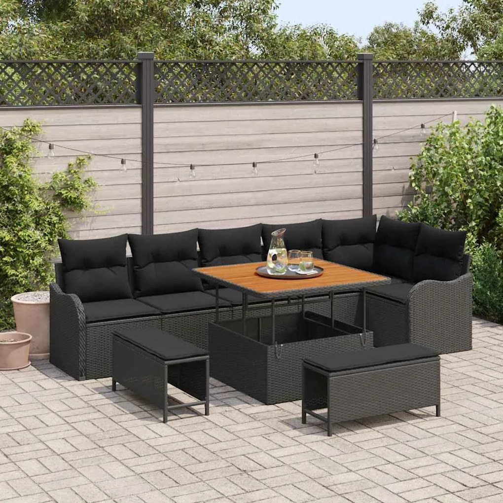 vidaXL Conjunto de Sofá de Jardim com almofada 9 pcs Preto