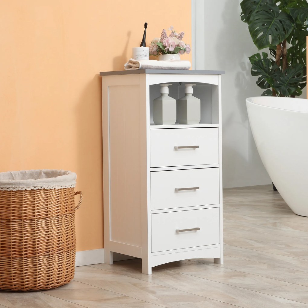 Móvel de casa de banho com pés 40 x 33 x 80 cm, móvel de arrumação com 3 gavetas e 1 compartimento aberto, branco