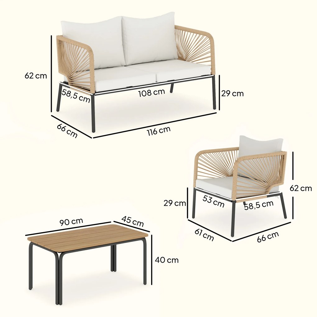 Conjunto Jardim de 4 Peças Móveis de Exterior com Sofá de 2 Lugares 2 Poltronas e Mesa de WPC Branco e Castanho
