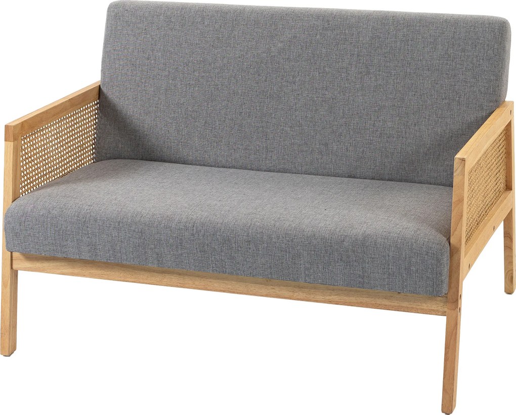 Sofá de 2 Lugares com Efeito Linho Detalhes em Vime Sintético e Estrutura em Madeira até 240 kg 115x77x77 cm Cinza