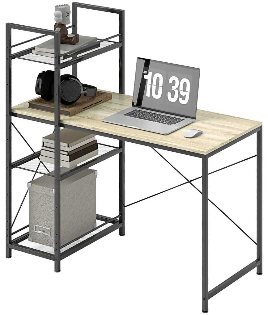 HOMCOM Secretária com Prateleira Reversível Estilo Industrial com Estrutura em Aço para Escritório 110x53x115,5 cm Carvalho e Preto | Aosom Portugal