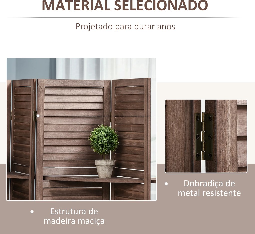 Biombo Dobrável de 4 Painéis de Madeira 162x170 cm Divisória de Ambiente com 3 Prateleiras Nogueira