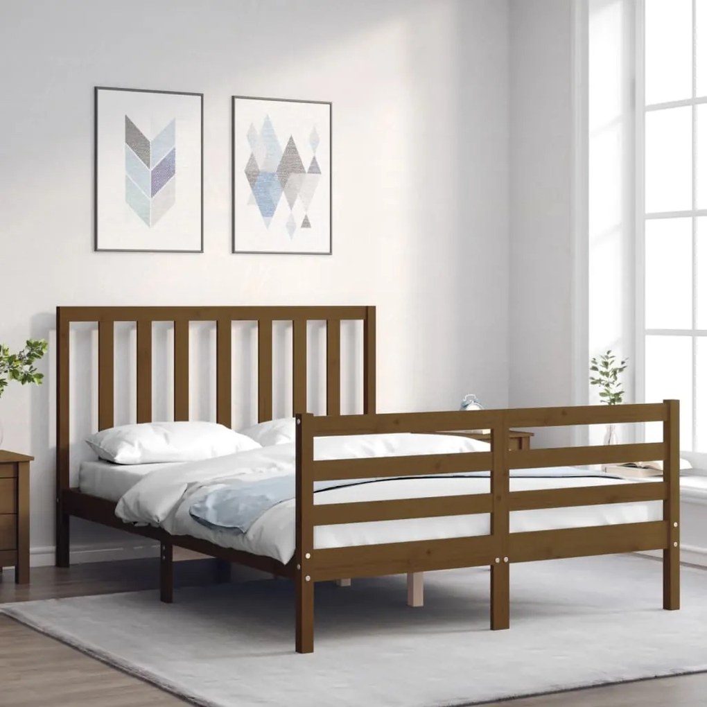 Estrutura de cama dupla pequena 4FT madeira maciça castanho-mel