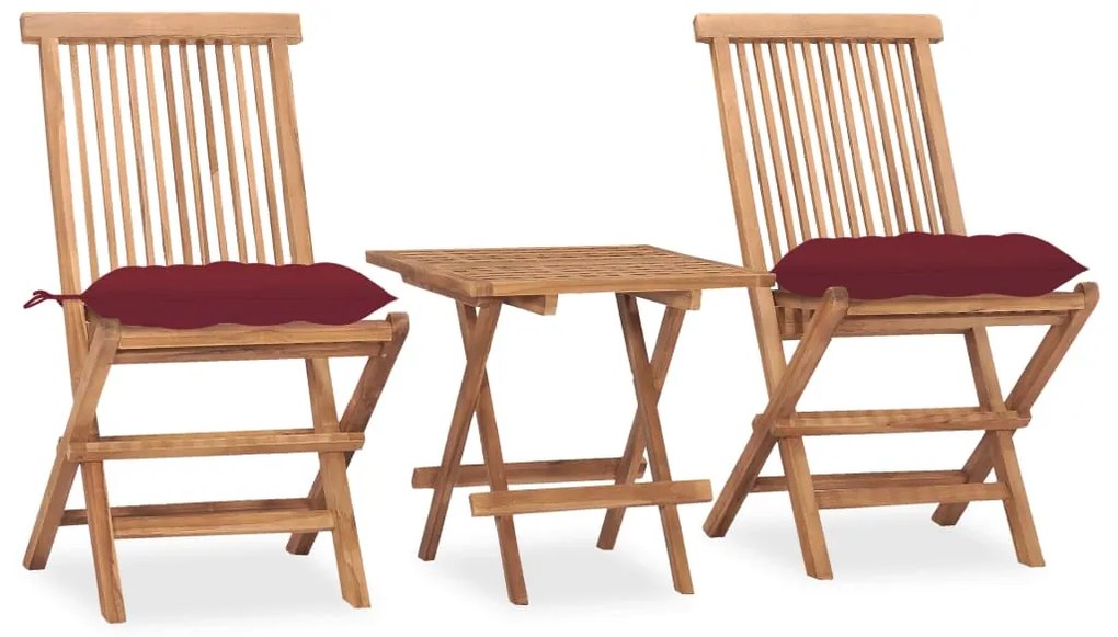vidaXL 3 pcs conj. jantar dobrável exterior c/ almofadão teca maciça
