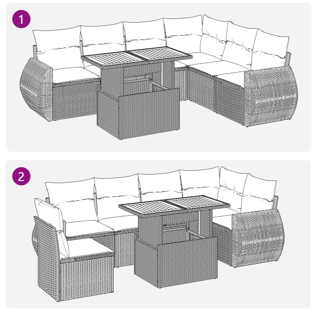 7 pcs conjunto de sofás p/ jardim c/ almofadões vime PE preto