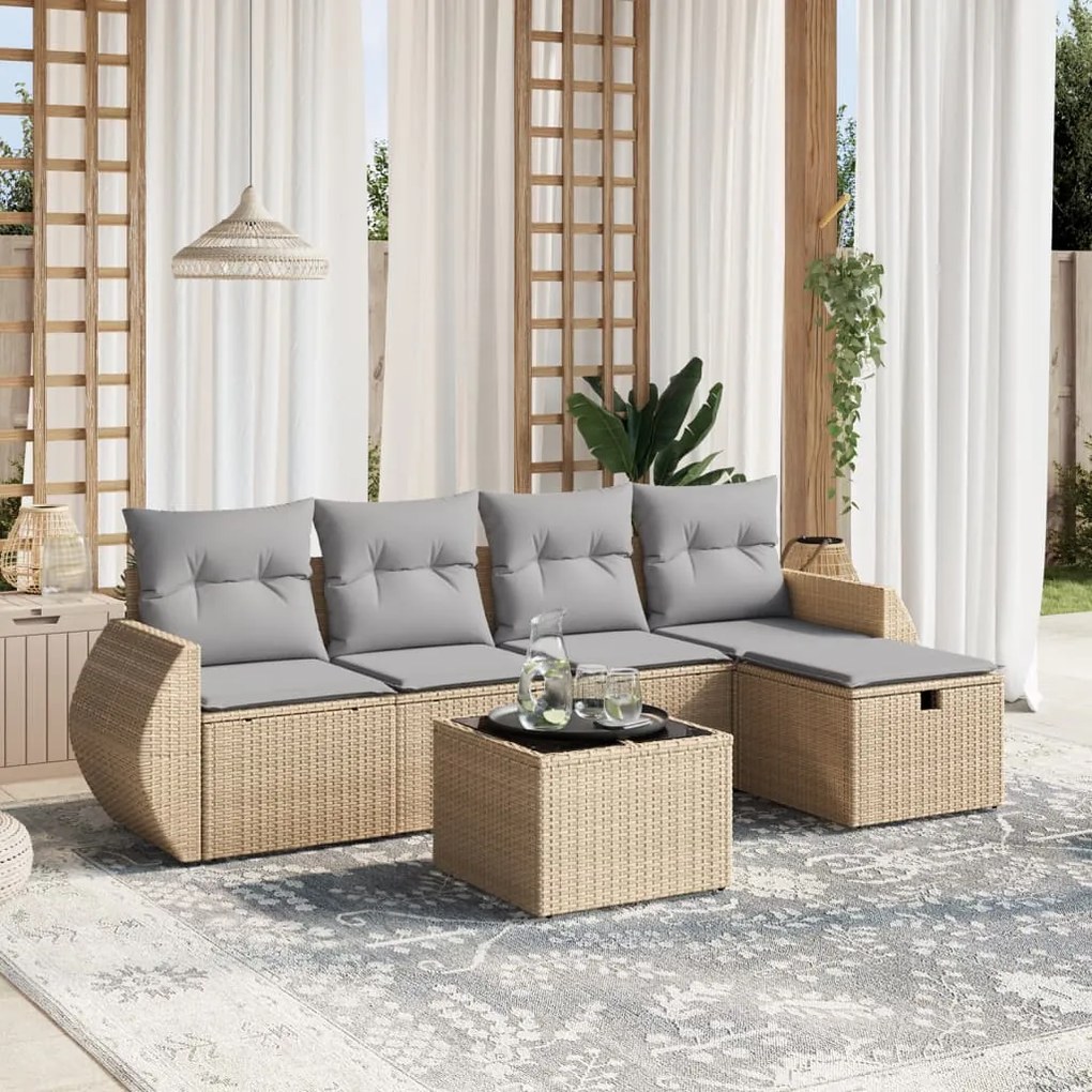 6 pcs conj. sofás jardim c/ almofadões vime PE bege misturado