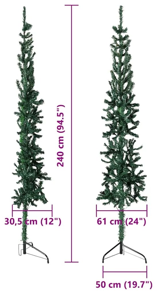 Meia árvore de Natal fina com suporte 240 cm verde