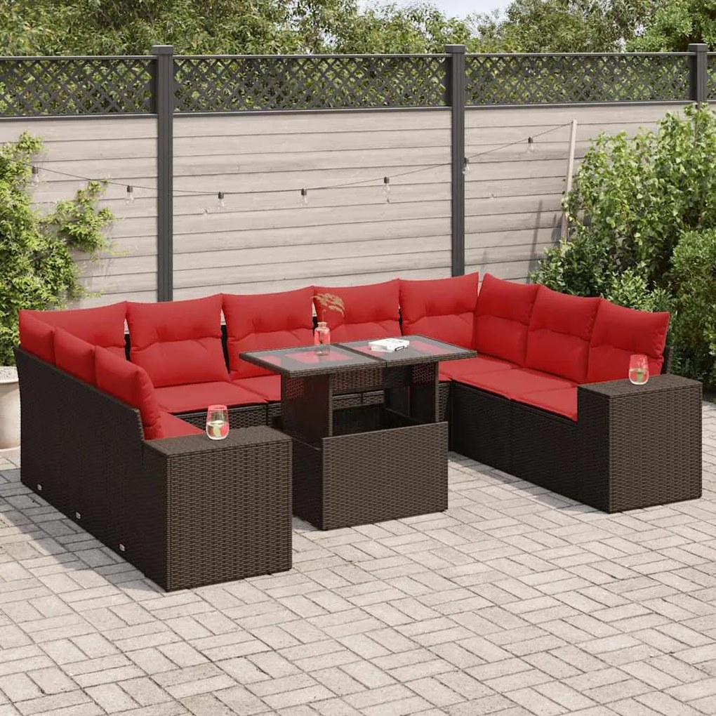 10 pcs conj. sofás jardim c/ almofadões vime PE/acácia castanho