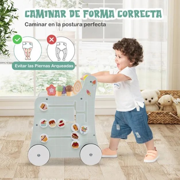 Andador 2 em 1 para bebés de madeira com arrumação Loja de doces para crianças com gelados, e labirinto Verde
