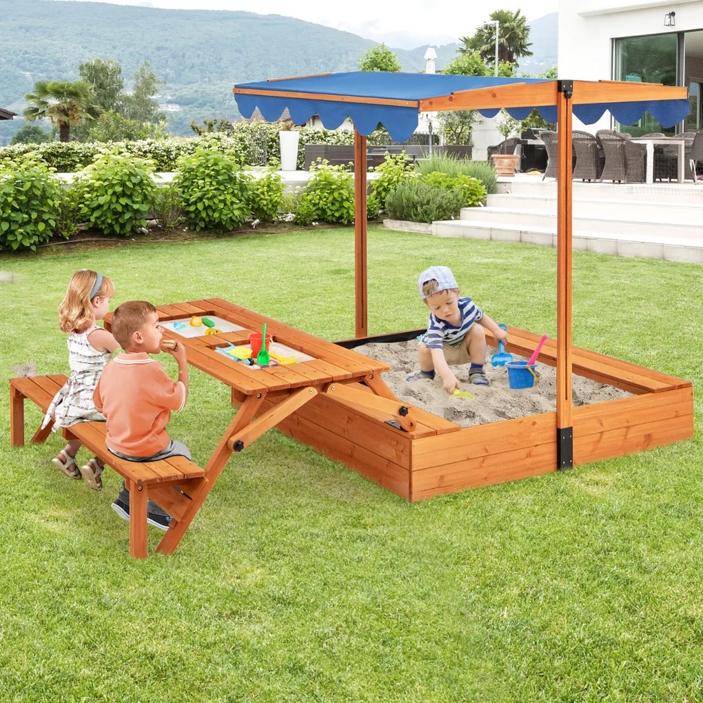 Caixa de areia de madeira para 3+ anos com mesa e banco dobráveis, guarda-sol ajustável e giratório, natural e azul