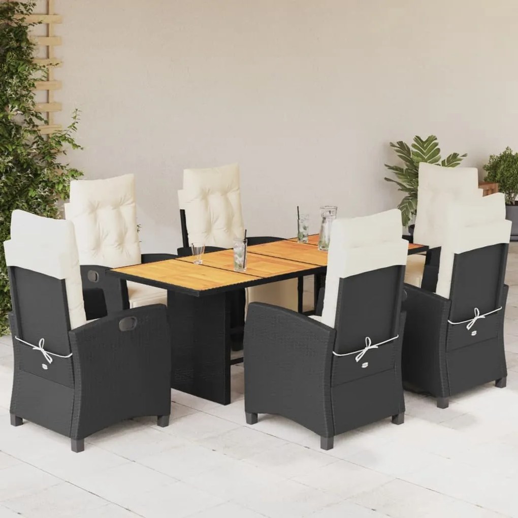 vidaXL 7 pcs conjunto de jantar p/ jardim c/ almofadões vime PE preto
