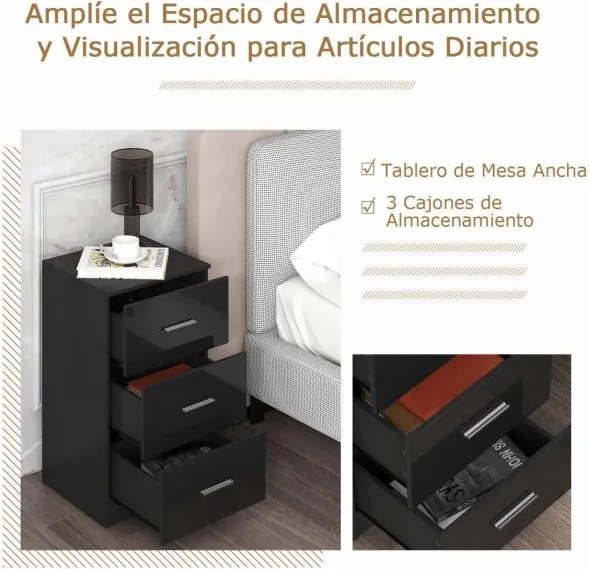 Conjunto de 2 mesas cabeçeira 38 x 35 x 66 cm com estação de carregamento, 3 gavetas pretas